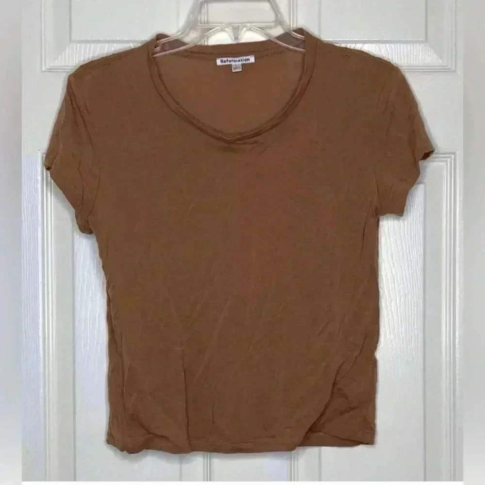 Woman REFORMATION brown Scoop Neck S/s tencel T-shirt Top Sz Large EUC